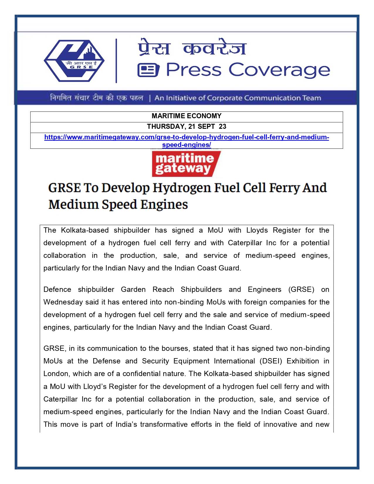 Press Coverage : Maritime Economy, 21 Sep 23 : GRSE to develop Hydrogen Fuel Cell Ferry and Medium Speed Engines